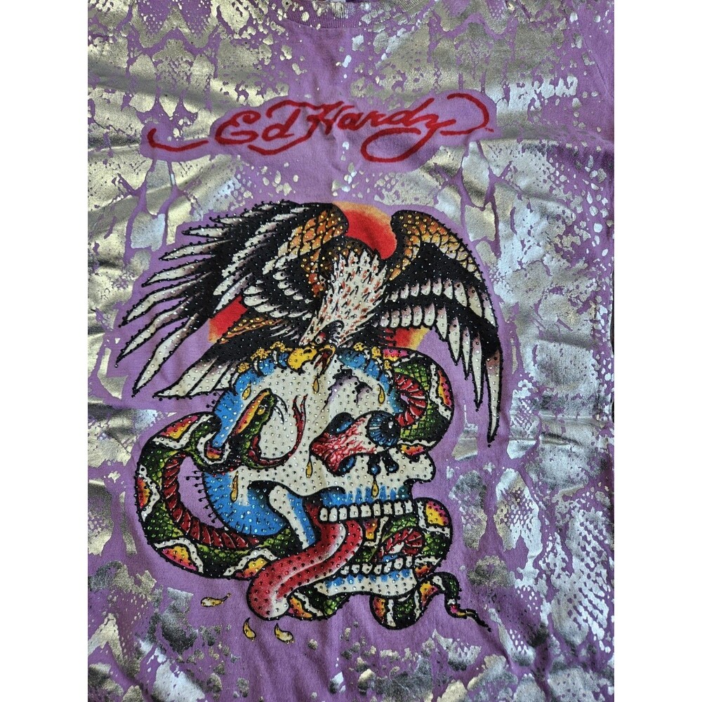 Vtg Y2K Ed Hardy Long T-Shirt Dress Womens S Purple Eagle Skull Snake READ - Picture 5 of 13